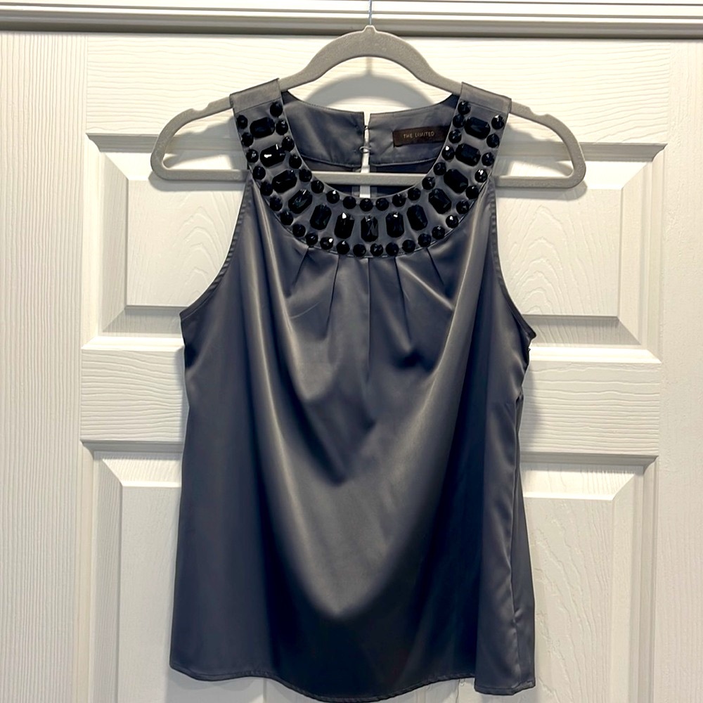 The Limited Beaded Metallic Scoop Neck Blouse -Gray Small - Picture 3 of 10